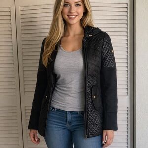 Michael Kors Black Quilted Utility Hoodie Lightweight Winter Jacket